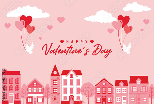 valentine’s day vector background with city landscape with houses and heart balloons for banners, cards, flyers, social media wallpapers, etc.