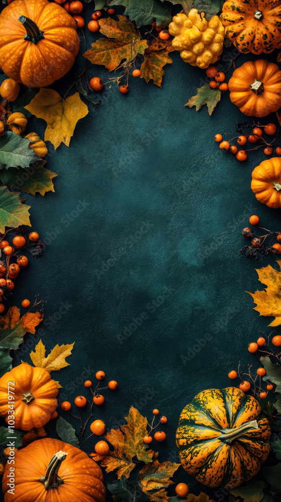 A festive autumn arrangement featuring pumpkins, berries, and leaves set against a dark green background. A festive autumn arrangement featuring pumpkins, berries, and leaves set against a dark green background.