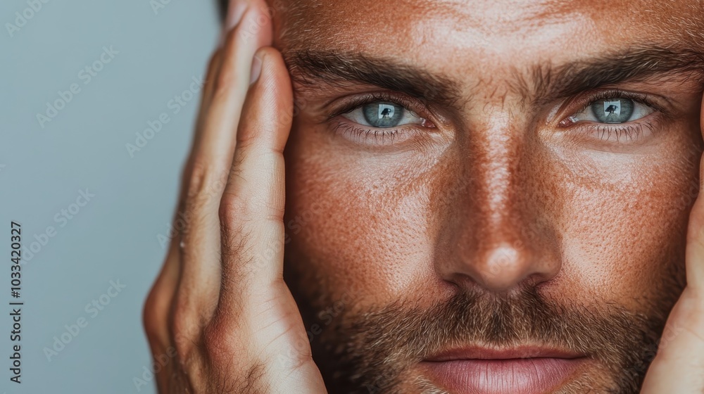 This intense image showcases a man's face with piercing blue eyes and a serious expression, as his hands frame his face, adding depth and focus to the portrait. This intense image showcases a man's face with piercing blue eyes and a serious expression, as his hands frame his face, adding depth and focus to the portrait.