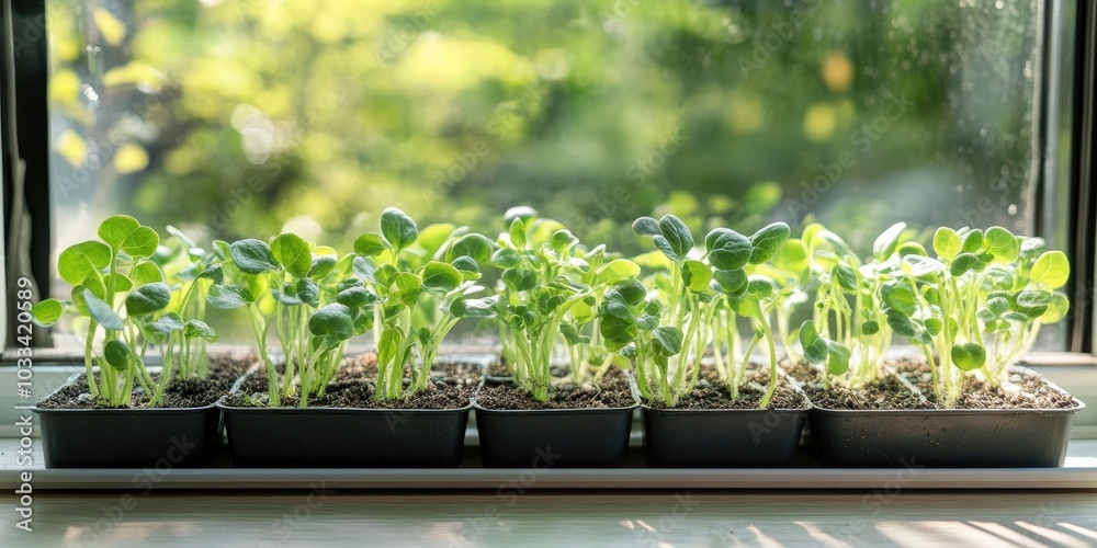 Seedlings of plants in a small greenhouse. Germinated seeds. Young plant sprouts. Cultivating plants from seedlings. Germinated seeds. A vegetable garden on a windowsill. Copyspace. Seedlings of plants in a small greenhouse. Germinated seeds. Young plant sprouts. Cultivating plants from seedlings. Germinated seeds. A vegetable garden on a windowsill. Copyspace.