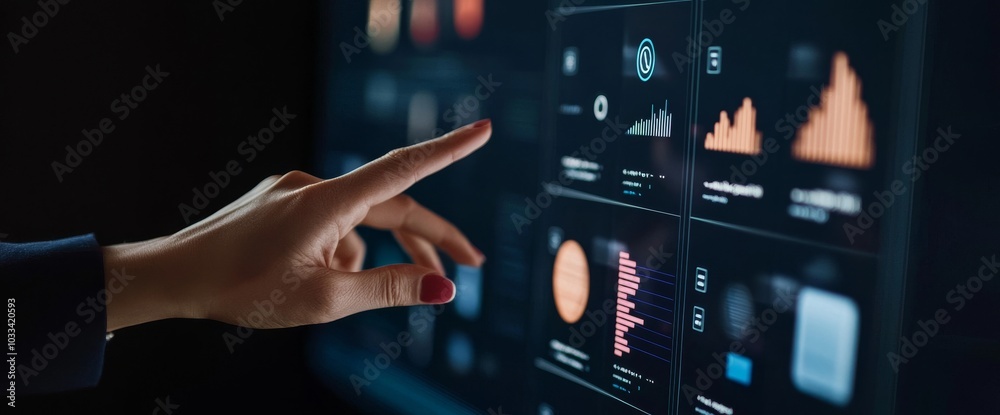 Fototapeta premium Virtual marketing on the Internet with hand holding structure networking. Investment data graph on the dark background with 3D illustrations.