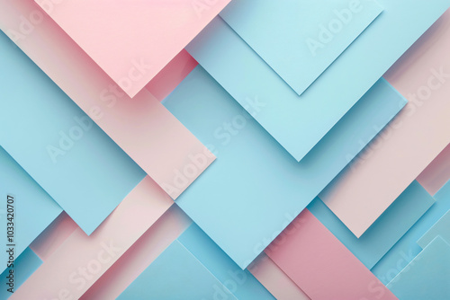 Abstract background with geometric shapes in pastel colors, featuring light blue and pink hues. The composition includes large paper sheets arranged to create an intricate pattern, giving the impressi photo