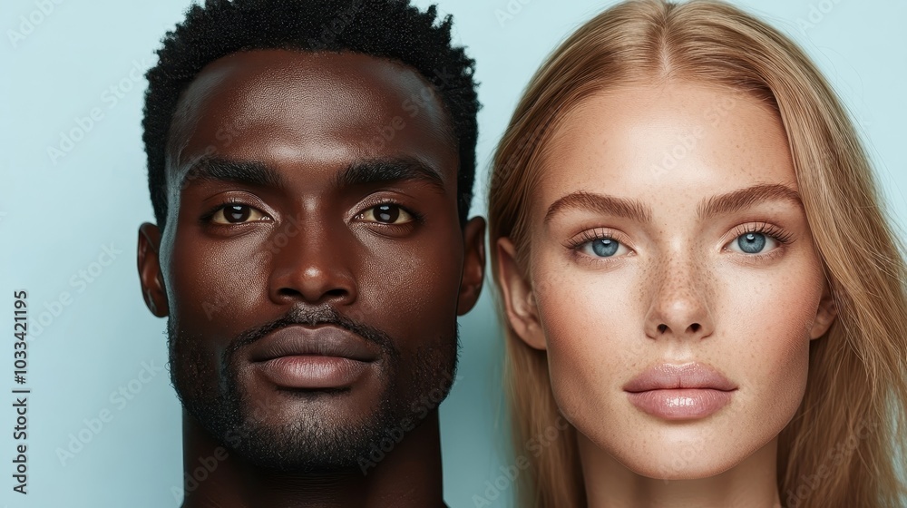 A captivating portrait capturing the beauty of diversity, featuring two individuals with distinct skin tones posed against a calming blue background for contrast. A captivating portrait capturing the beauty of diversity, featuring two individuals with distinct skin tones posed against a calming blue background for contrast.