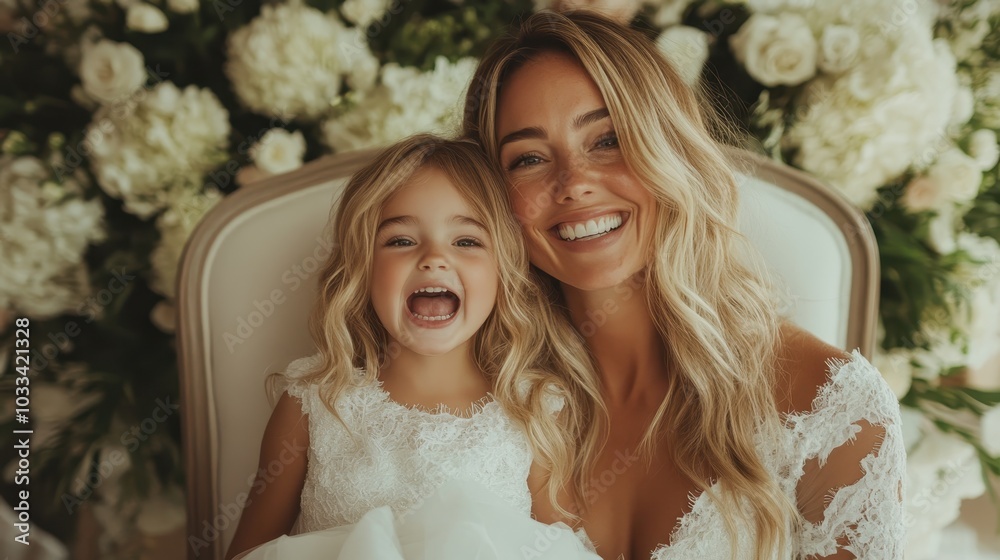 A heartwarming image of a mother and daughter dressed in beautiful white dresses, captured against a stunning floral backdrop that exudes happiness and love. A heartwarming image of a mother and daughter dressed in beautiful white dresses, captured against a stunning floral backdrop that exudes happiness and love.