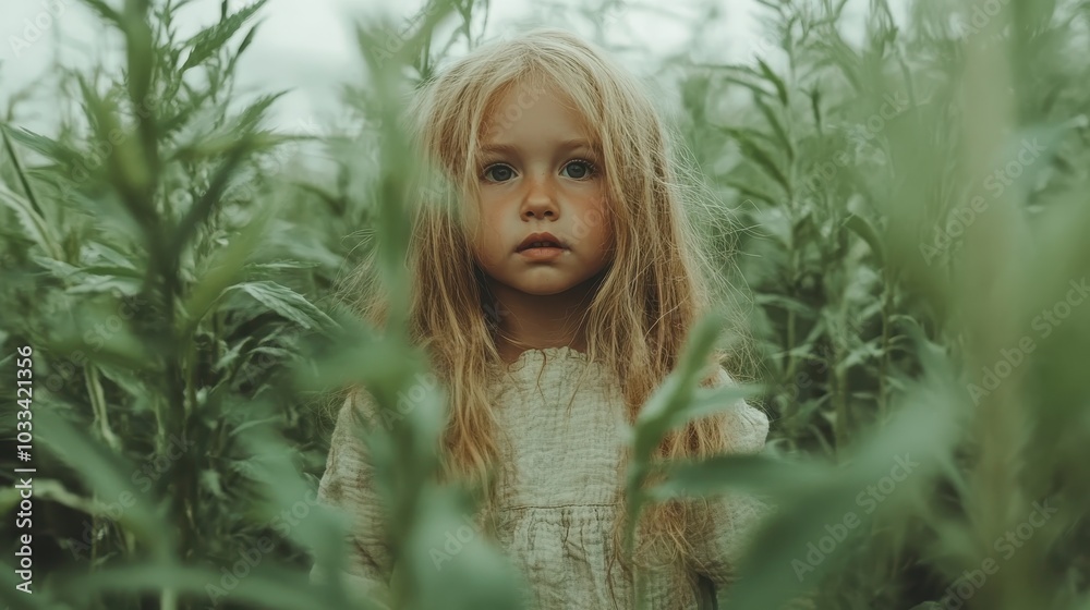 An enchanting image of a young child standing quietly among tall, lush green vegetation, evoking a sense of wonder, innocence, and connection with nature. An enchanting image of a young child standing quietly among tall, lush green vegetation, evoking a sense of wonder, innocence, and connection with nature.