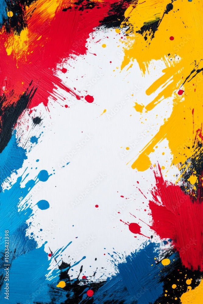 Fototapeta premium A bold abstract paint splatter frame with thick brush strokes in primary colors on white background