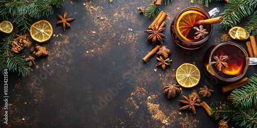 Fototapeta Naklejka Na Ścianę i Meble -  Christmas cocktail mulled wine, spiced grog wine for New Year's drink, ginger, cinnamon, vanilla, and gingerbread sweet dessert, copy space food background rustic. Top view.