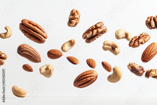 A variety of nuts including walnuts, almonds, cashews, and pecans are suspended in mid-air, falling against a white background. This image symbolizes health, energy, and natural ingredients.