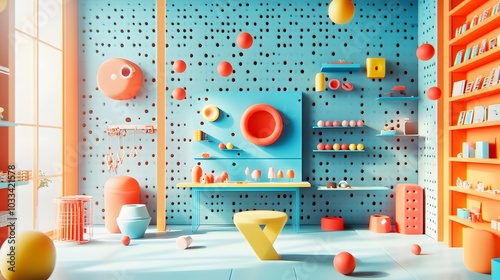 108. "A vibrant 3D render studio with playful colors and imaginative designs, showcasing an empty display area for creative products