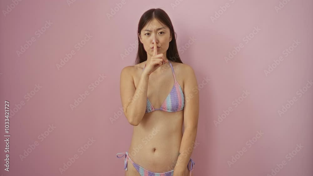Young chinese woman wearing bikini signaling silence with finger on lips, hinting at a secret, over isolated pink background Young chinese woman wearing bikini signaling silence with finger on lips, hinting at a secret, over isolated pink background