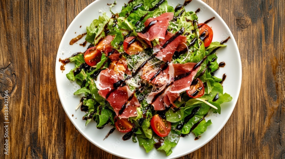 A white plate with a salad of arugula, cherry tomatoes, prosciutto, parmesan cheese, and balsamic vinaigrette on a wooden table. A white plate with a salad of arugula, cherry tomatoes, prosciutto, parmesan cheese, and balsamic vinaigrette on a wooden table.