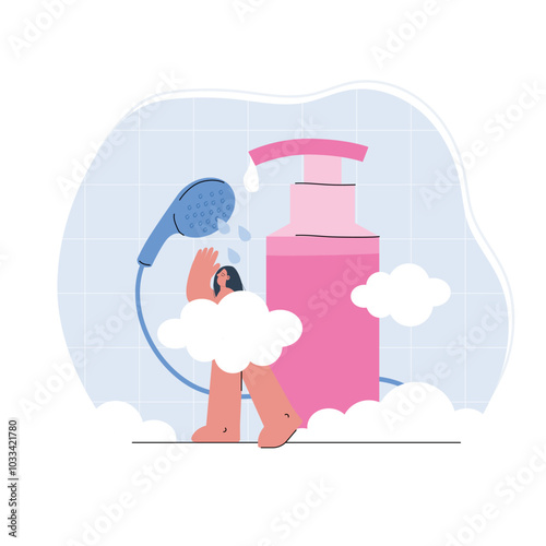 Plus size female is taking shower with soap bubbles in bathroom composition. Flat cartoon woman soaping up body while showering. Lady taking care of herself with relaxing foam wash. 