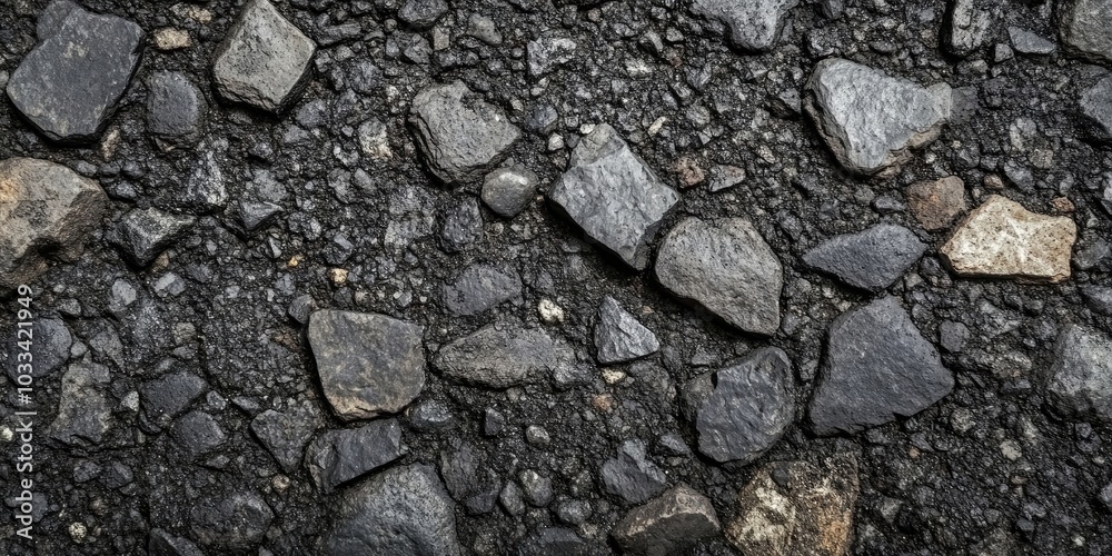 Close-up of a black and gray asphalt texture with rocks background. Suitable for various purposes. Close-up of a black and gray asphalt texture with rocks background. Suitable for various purposes.