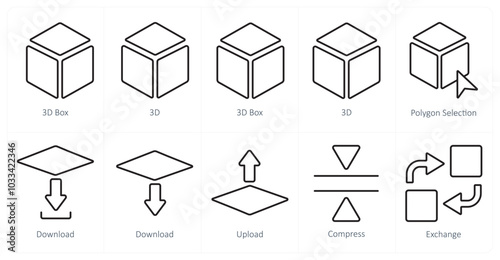 A set of 10 editing tools icons as 3d box, 3d, polygon selection