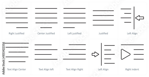A set of 10 editing tools icons as right justified, center justified, left justified