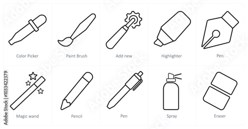 A set of 10 editing tools icons as color picker, paint brush, add new