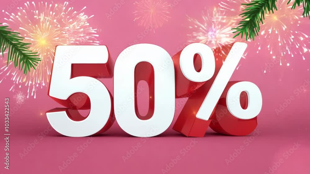 50% discount on sale sign on a pink festive background with christmas tree branches and fireworks 50% discount on sale sign on a pink festive background with christmas tree branches and fireworks