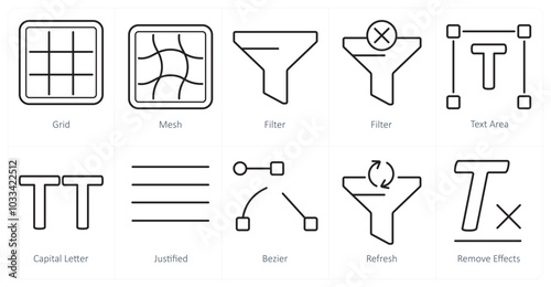 A set of 10 editing tools icons as grid, mesh, filter