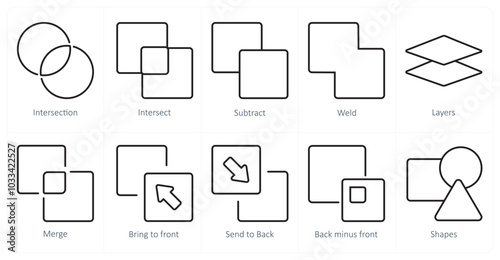 A set of 10 editing tools icons as intersection, intersect, subtract