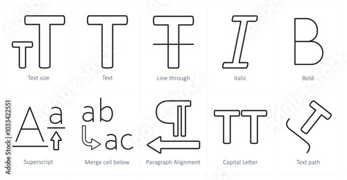A set of 10 editing tools icons as text size, text, line through, italic