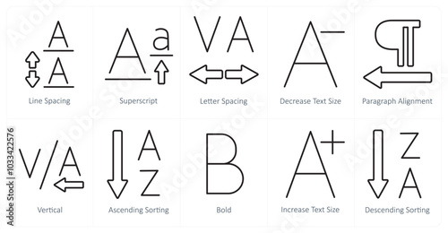 A set of 10 editing tools icons as line spacing, superscript, letter spacing