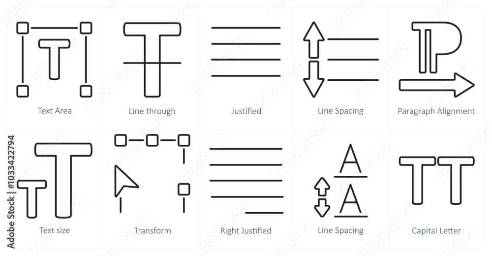 A set of 10 editing tools icons as text area, line through, justified A set of 10 editing tools icons as text area, line through, justified