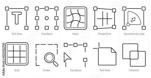 A set of 10 editing tools icons as text area, transform, mesh
