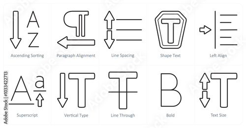 A set of 10 editing tools icons as ascending sorting, paragraph alignment, line spacing