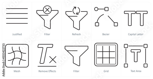 A set of 10 editing tools icons as justified, filter, refresh