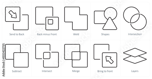 A set of 10 editing tools icons as send to back, back minus front, weld