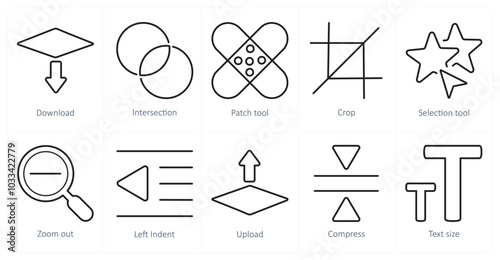 A set of 10 editing tools icons as download, intersection, patch tool