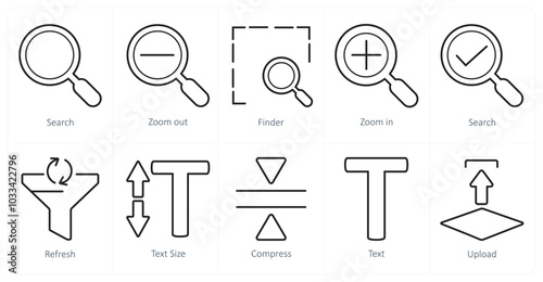 A set of 10 editing tools icons as search, zoom out, finder