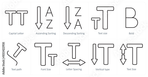 A set of 10 editing tools icons as capital letter, ascending sorting, descending sorting