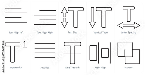 A set of 10 editing tools icons as text align left, text align right, text size