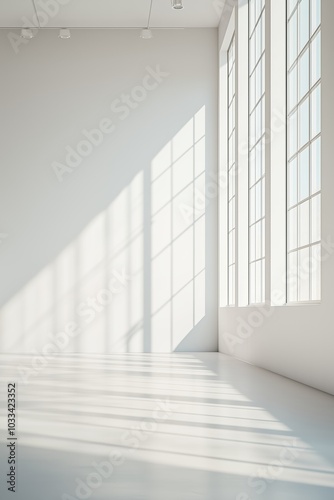 Blank white wall mockup in sunny modern empty gallery  3d rendering. Clear big stand mock up in museum with contemporary art exhibitions. Large hall interior with wide banner exposition template.