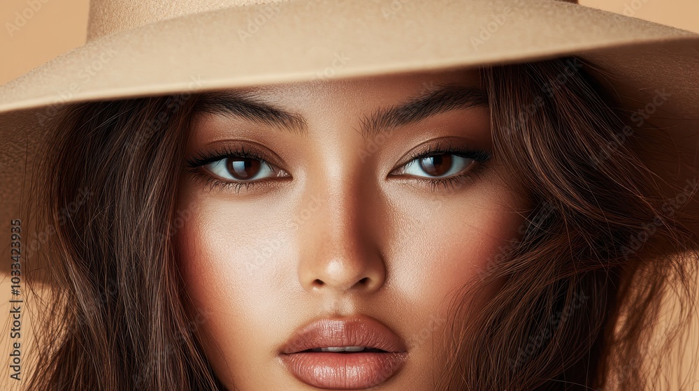 This close-up captures a woman's expressive eyes, framed by soft waves under a beige hat, displaying an enchanting blend of warmth and mystery. This close-up captures a woman's expressive eyes, framed by soft waves under a beige hat, displaying an enchanting blend of warmth and mystery.