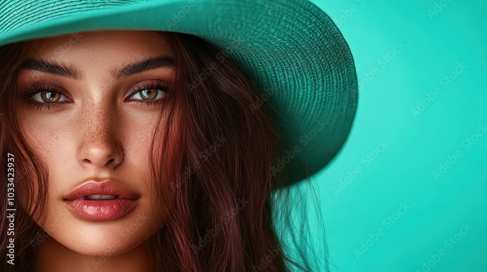 A vibrant portrait of a woman with wavy red hair and a teal hat, showcasing her freckled face in a captivating fusion of color and individuality. A vibrant portrait of a woman with wavy red hair and a teal hat, showcasing her freckled face in a captivating fusion of color and individuality.