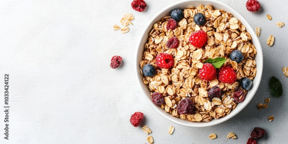 Granola with Dried Berries on a Light Background, Nutritious Breakfast Granola with Dried Berries on a Light Background, Nutritious Breakfast