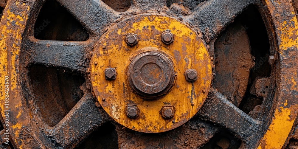 Clear panorama close-up view of the rusted wheel of heavy-duty construction equipment. Clear panorama close-up view of the rusted wheel of heavy-duty construction equipment.