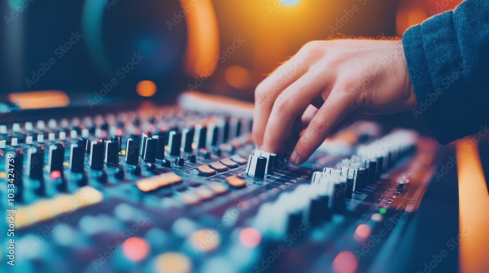 A close-up of a hand adjusting audio controls on a professional mixing console, showcasing music production and sound engineering. A close-up of a hand adjusting audio controls on a professional mixing console, showcasing music production and sound engineering.