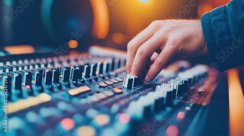 A close-up of a hand adjusting audio controls on a professional mixing console, showcasing music production and sound engineering.