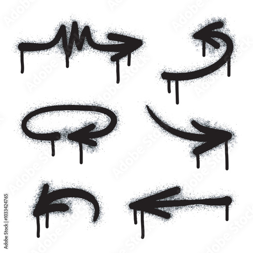 Collection of graffiti arrow drawing symbols. Painted graffiti spray pattern with arrows. Spray paint element. Street art style illustration.

