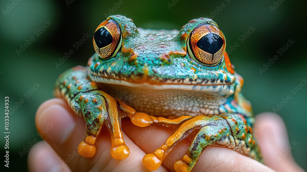 A close-up of a frog showcases its vivid colors, intricate textures, and fine details, illuminated by soft natural light in an outdoor setting. A close-up of a frog showcases its vivid colors, intricate textures, and fine details, illuminated by soft natural light in an outdoor setting.