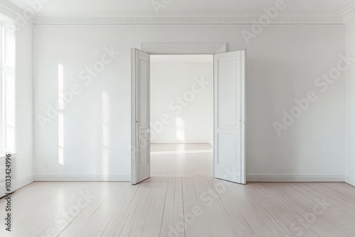 A bright empty room with white walls, hardwood floors, and an open doorway leading to another empty room.