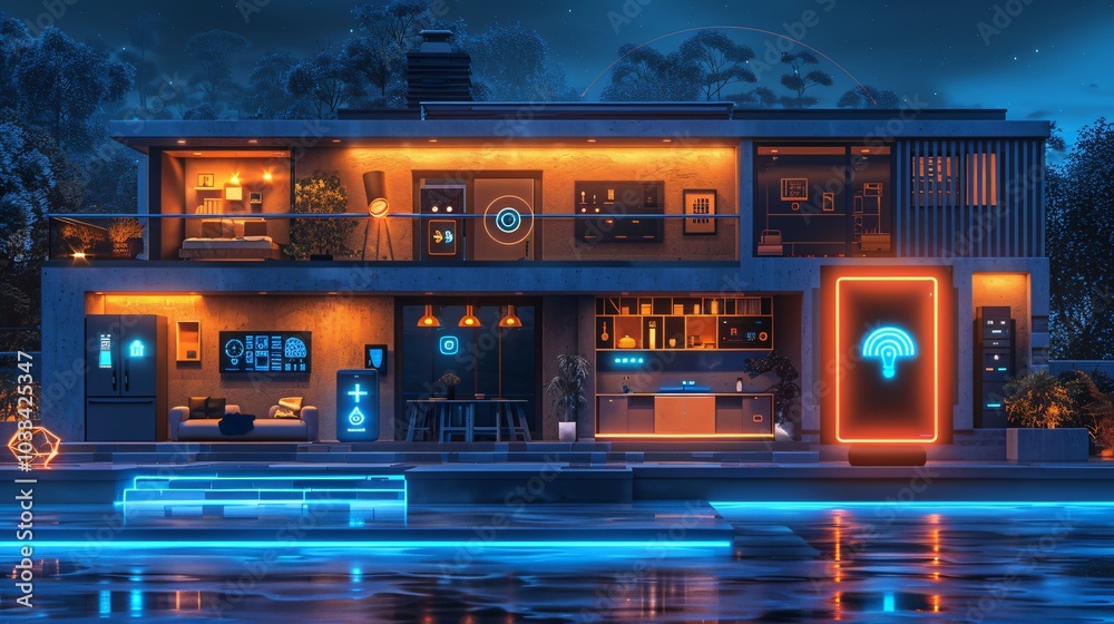 An indoor scene showcasing smart home technology through the Internet of Things (IoT), featuring holographic displays and advanced devices. This image embodies the future of intelligent living and con An indoor scene showcasing smart home technology through the Internet of Things (IoT), featuring holographic displays and advanced devices. This image embodies the future of intelligent living and con