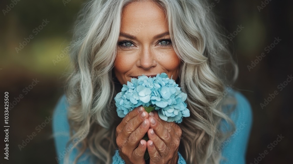 A woman with long silver hair holds blue flowers, smiling gently in a natural outdoor setting, embodying serenity and timeless beauty in a close-up portrait. A woman with long silver hair holds blue flowers, smiling gently in a natural outdoor setting, embodying serenity and timeless beauty in a close-up portrait.