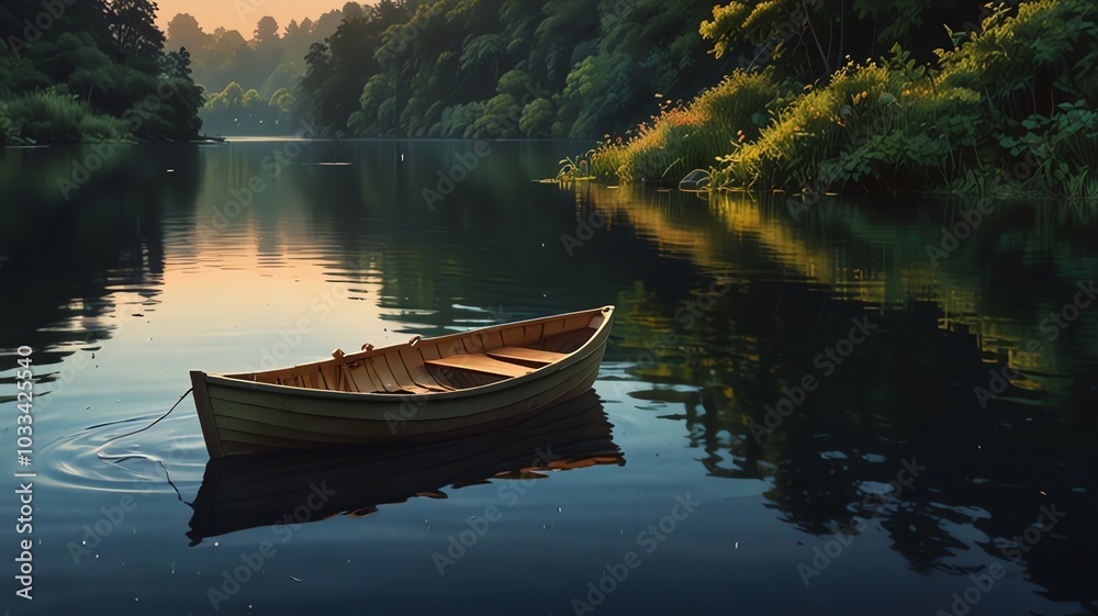 Fototapeta premium a boat is floating on a lake with a sunset background.