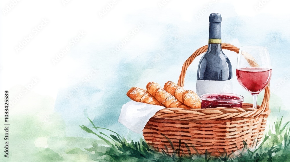 Naklejka premium A charming picnic basket with wine, bread, and cheese set against a serene green background, perfect for a relaxing day outdoors.