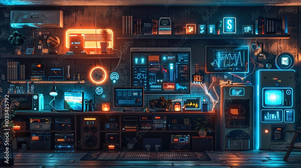 An indoor scene showcasing smart home technology through the Internet of Things (IoT), featuring holographic displays and advanced devices. This image embodies the future of intelligent living and con An indoor scene showcasing smart home technology through the Internet of Things (IoT), featuring holographic displays and advanced devices. This image embodies the future of intelligent living and con