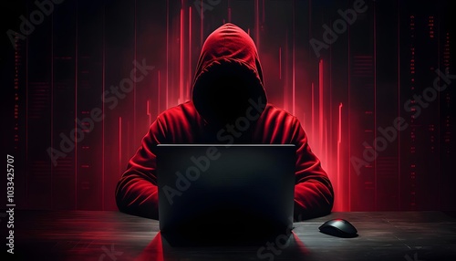 Mysterious figure in red hoodie using laptop with glowing red background, cyber security theme